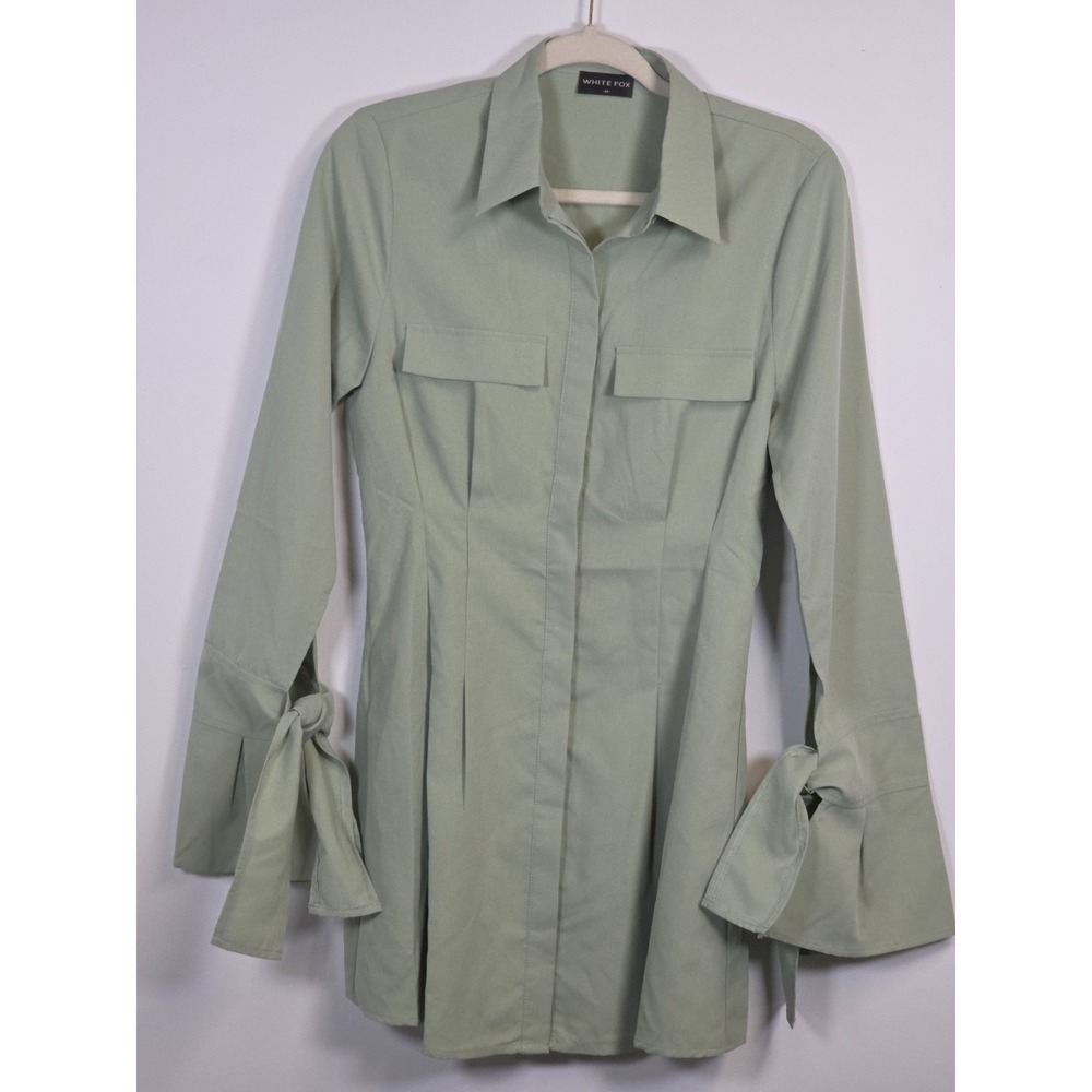 White Fox Sage Green Mini Shirt Dress Women's Size Medium Tie Cuff Chic
